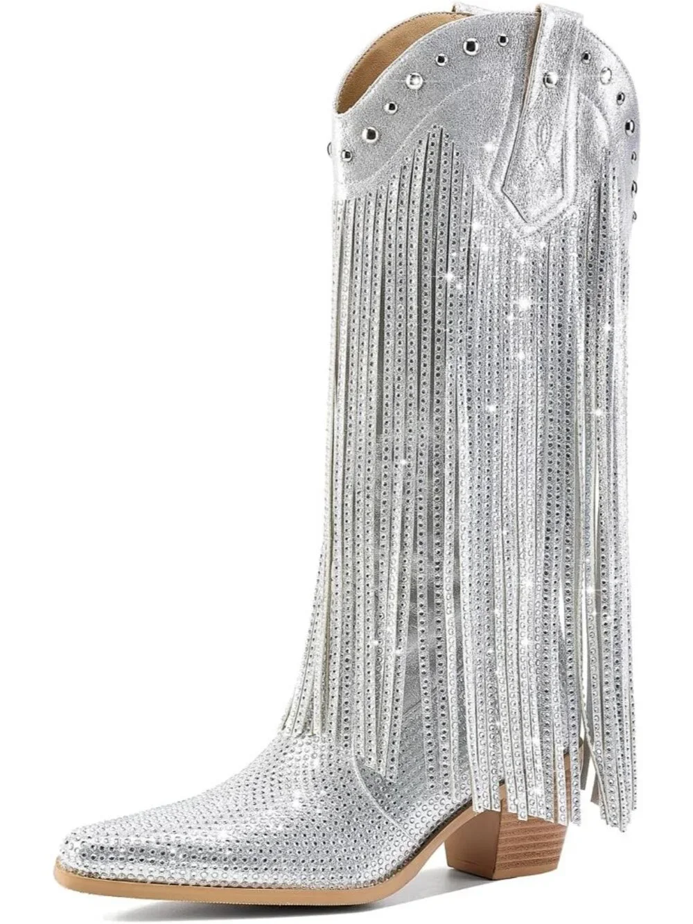 Women's Silver Faux Leather Pull-On Cowgirl Cowboy Pointed Toe Heel Boot